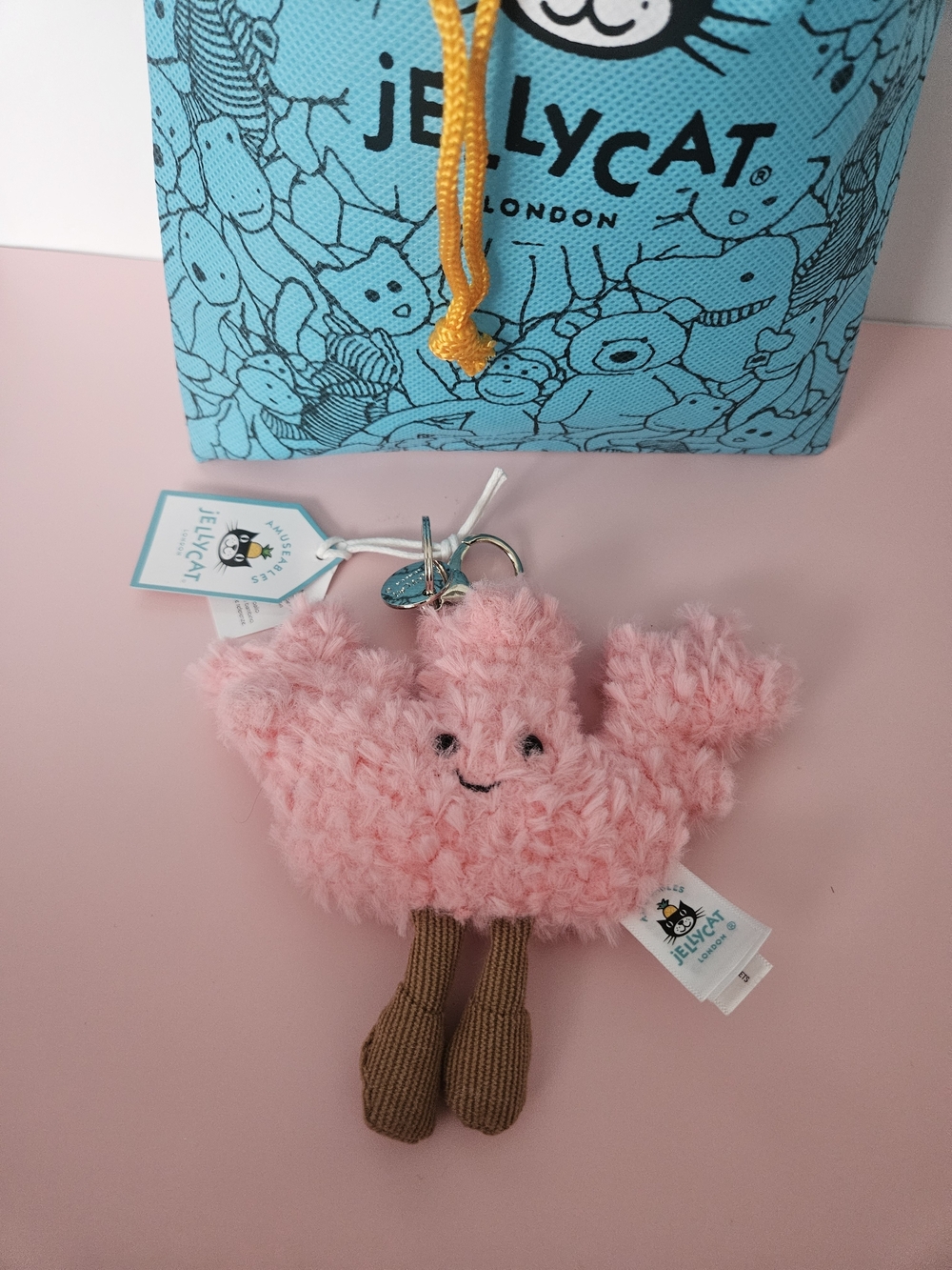 Jellycat Pink Fluffy Coral Bag Charm with Brown Legs